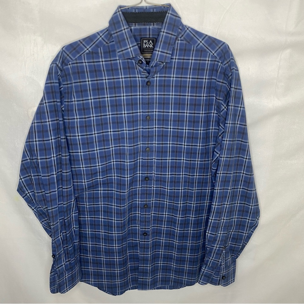 Jos. A. Bank Traveler Travel Tech Button Up Shirt Men M Blue Plaid Tailored Fit